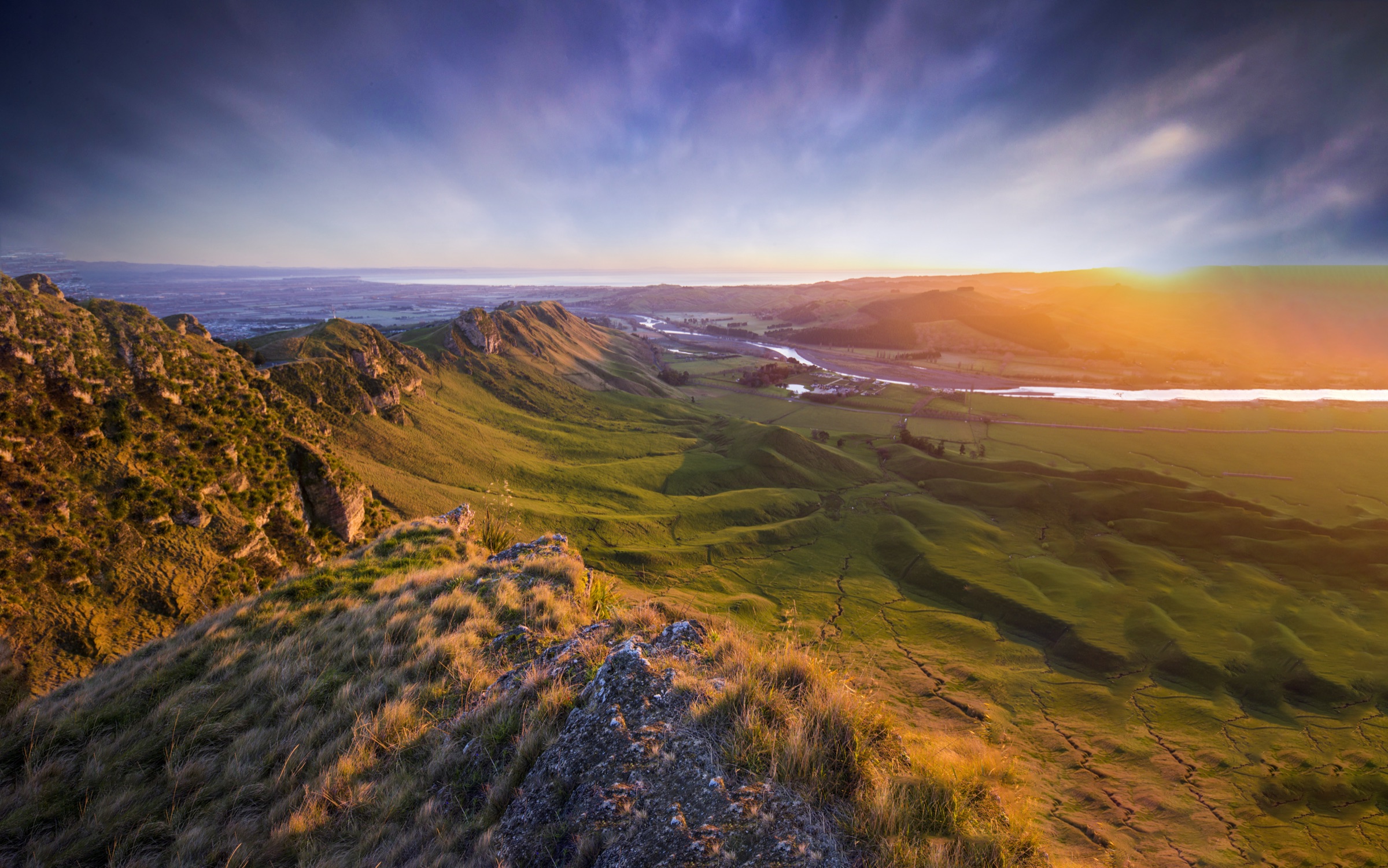 Te Mata Peak at sunset, looking out over the Hawke's Bay plains and river